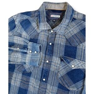 32 Bar Blues Mens XXL Blue Plaid Western Pearl Snap Shirt Indigo Cotton Blend